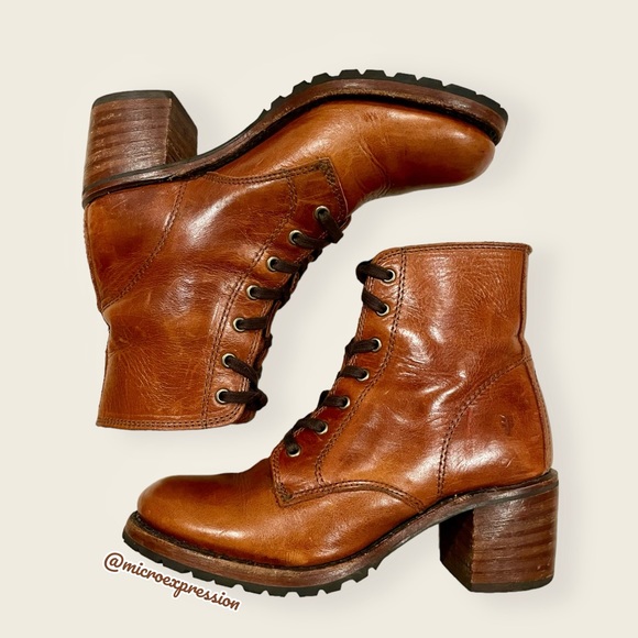 $415 Frye Sabrina 6G Cognac Brown Leather Laced Combat Chunky Heel Ankle Bootie - Picture 8 of 14